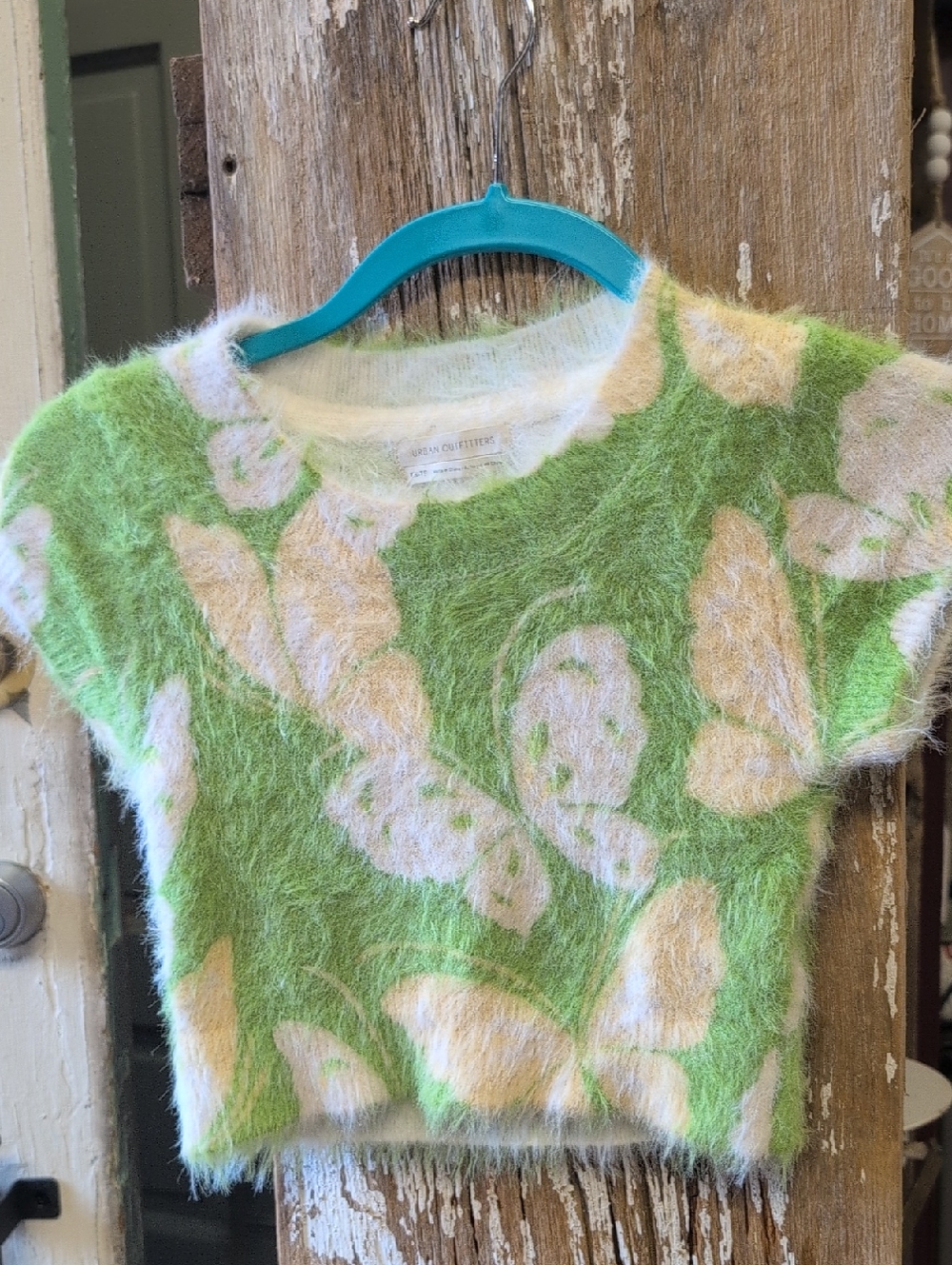 Urban Outfitters Green and Cream Fuzzy Butterfly Crop Tee